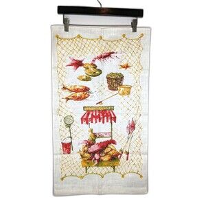 Vintage Polish Linen Tea Towel Screen Print Fish Market Unused Mint